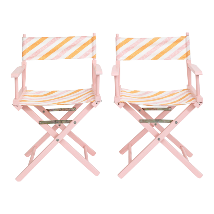 set of pink directors chairs with palm orleans cabana stripe ribbon in spritz fabric 0506