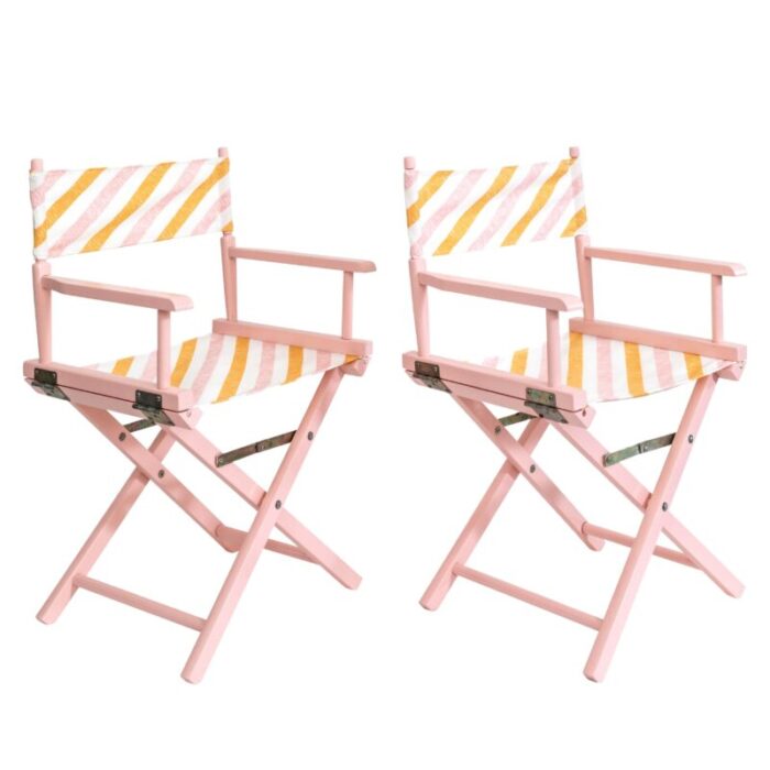 set of pink directors chairs with palm orleans cabana stripe ribbon in spritz fabric 0635