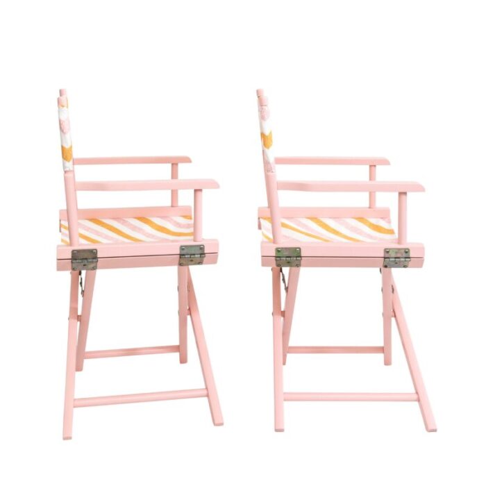 set of pink directors chairs with palm orleans cabana stripe ribbon in spritz fabric 9477