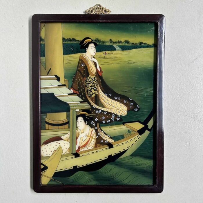 showa period ukiyo e reverse glass painting geishas on a boat 1950s 1