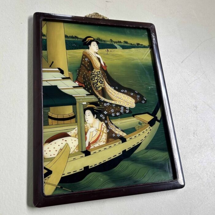 showa period ukiyo e reverse glass painting geishas on a boat 1950s 6