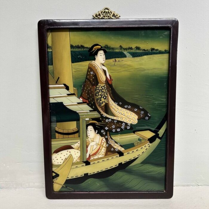 showa period ukiyo e reverse glass painting geishas on a boat 1950s 7