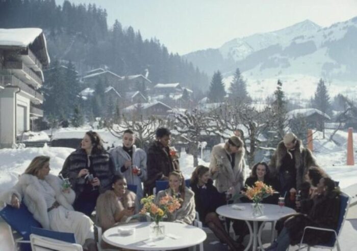 slim aarons drinks at gstaad estate stamped photographic print 1984 2020s 7773