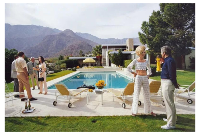 slim aarons poolside conversation estate stamped photographic print 1970 2020s 4761