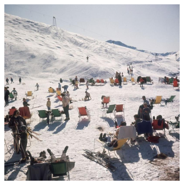 slim aarons skiers at verbier estate stamped photographic print 1964 2020s 4801