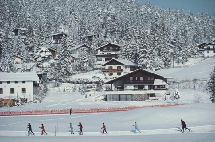 slim aarons skiing in seefeld estate stamped photographic print 1985 2020s 3555