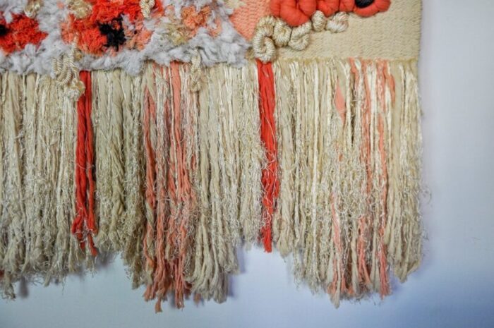 spanish pink textured macrame wall tapestry 1970s 6