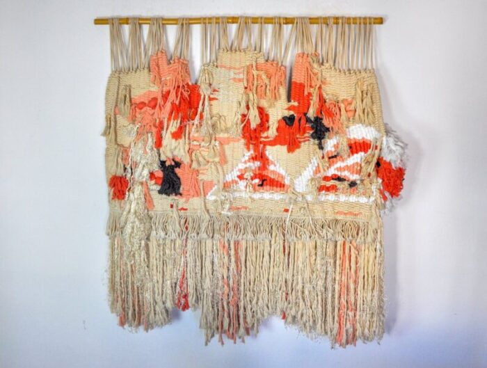 spanish pink textured macrame wall tapestry 1970s 9