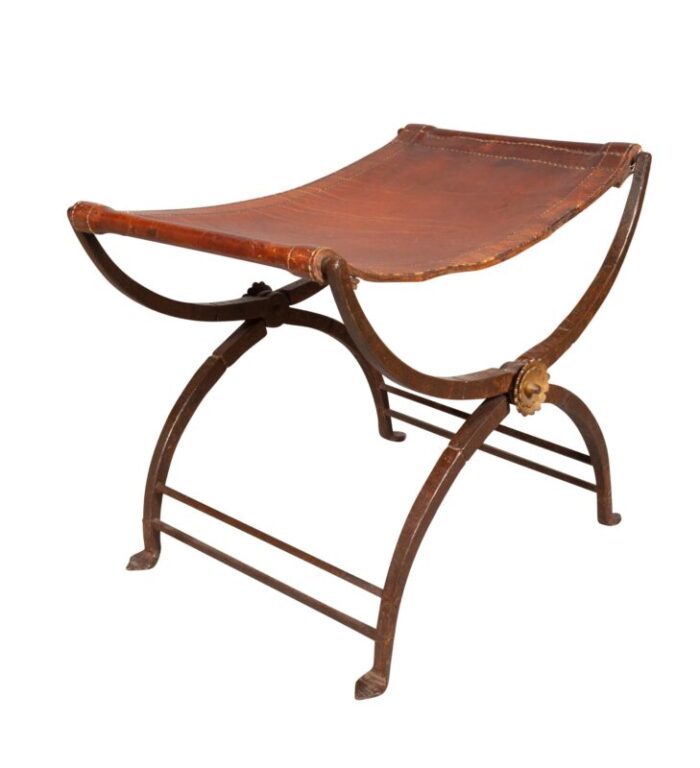 spanish wrought iron and leather bench 0727