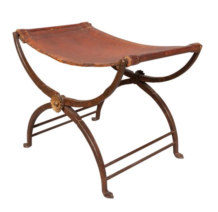 spanish wrought iron and leather bench 6348