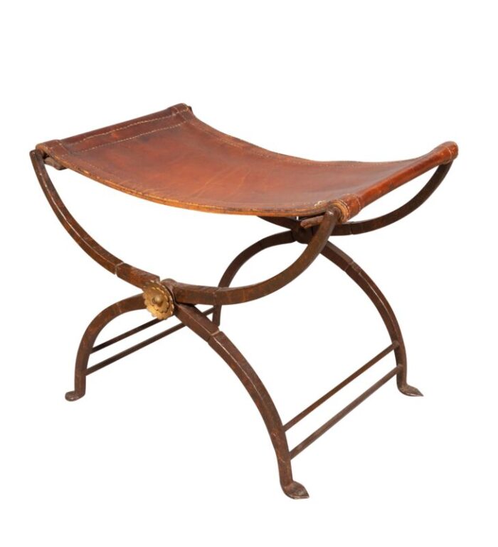 spanish wrought iron and leather bench 6430