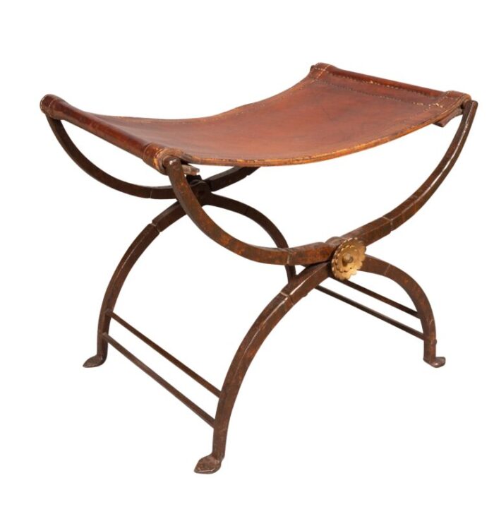 spanish wrought iron and leather bench 9805