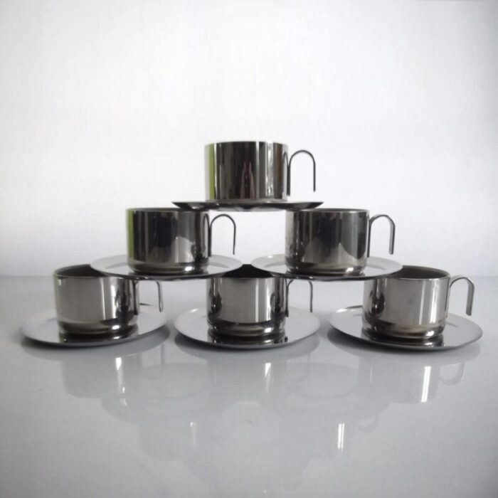 stainless steel cups with saucers guido bergna italy 1970s set of 12 3898