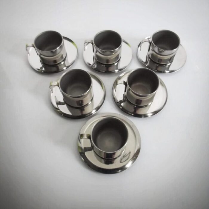 stainless steel cups with saucers guido bergna italy 1970s set of 12 5731