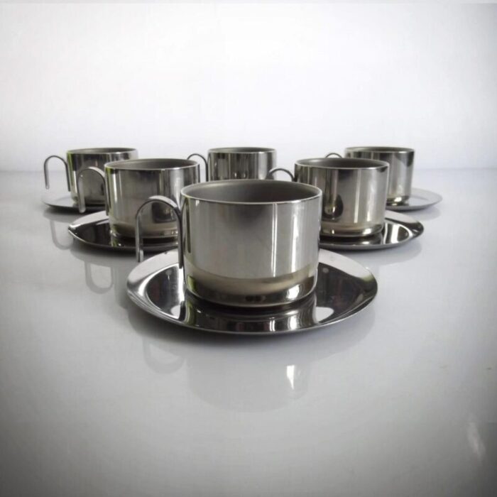 stainless steel cups with saucers guido bergna italy 1970s set of 12 5868