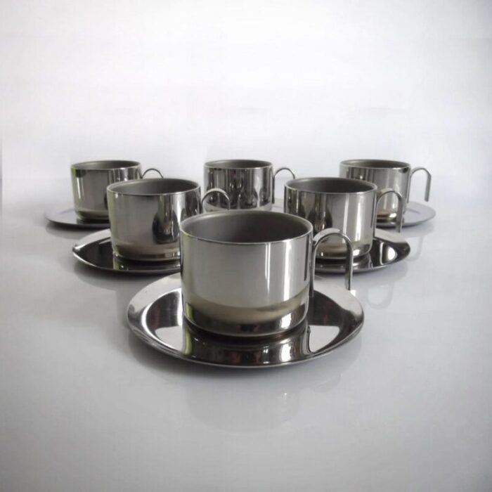 stainless steel cups with saucers guido bergna italy 1970s set of 12 8057