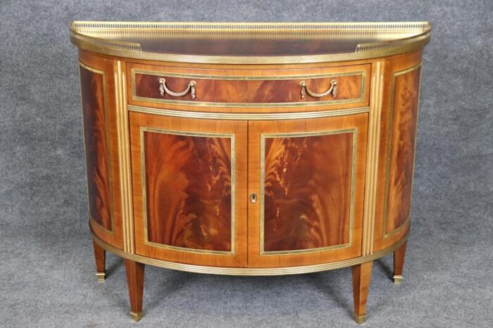 superb decorative crafts italian made flame mahogany directoire demilune commode 1271