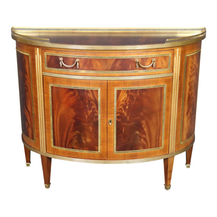 superb decorative crafts italian made flame mahogany directoire demilune commode 3673