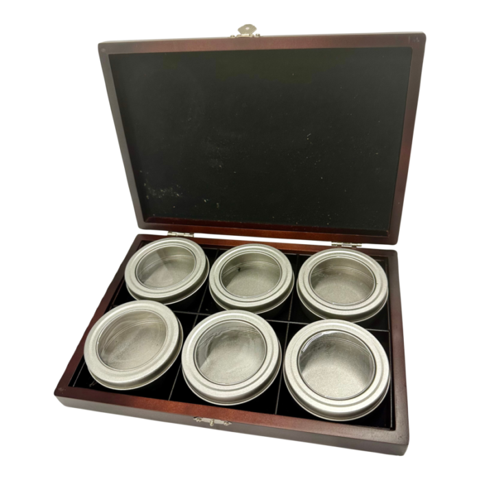 tea chest wood box empty set 6 canisters presentation lidded 0554