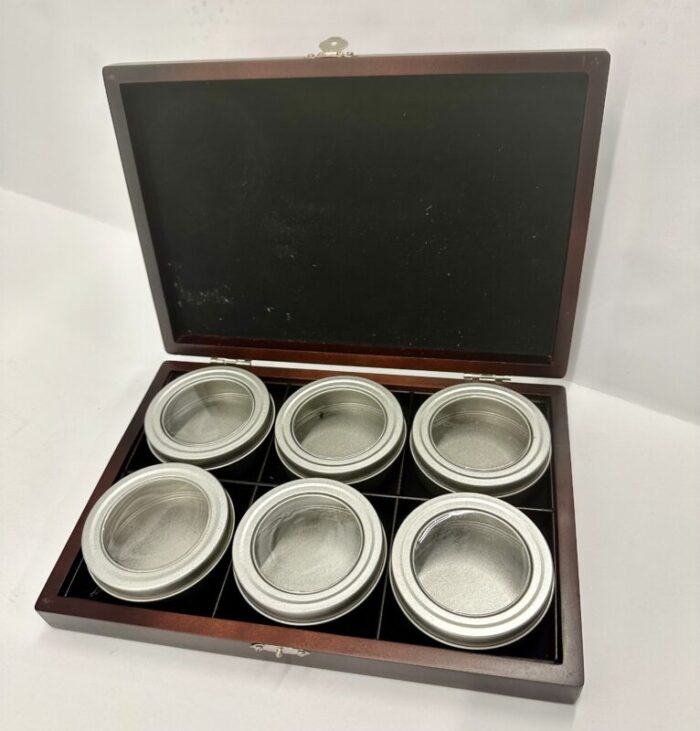 tea chest wood box empty set 6 canisters presentation lidded 6065