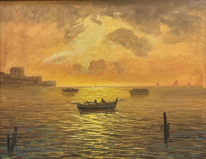 twilight fishermen oil on canvas laid to board unsigned 20th century 5869