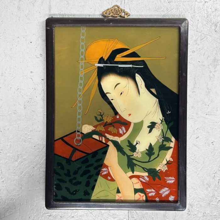 ukiyo e reverse glass painting of ikebana showa era 1