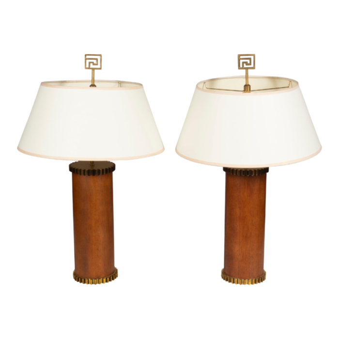 victoria hagan walnut and brass gear table lamps a pair 0775