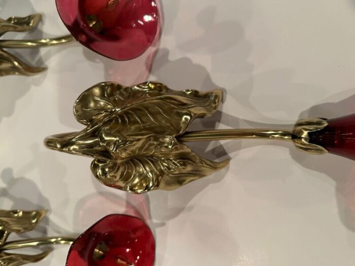 victorian brass tie backs with cranberry glass flowers set of 6 4232