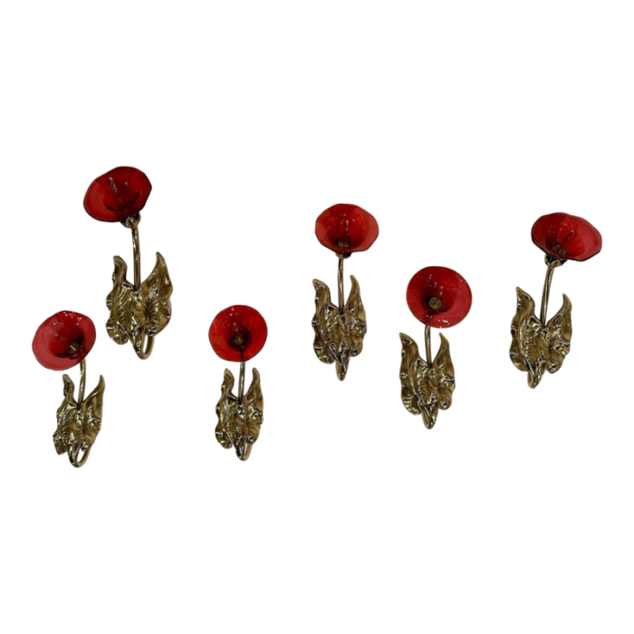 victorian brass tie backs with cranberry glass flowers set of 6 5499