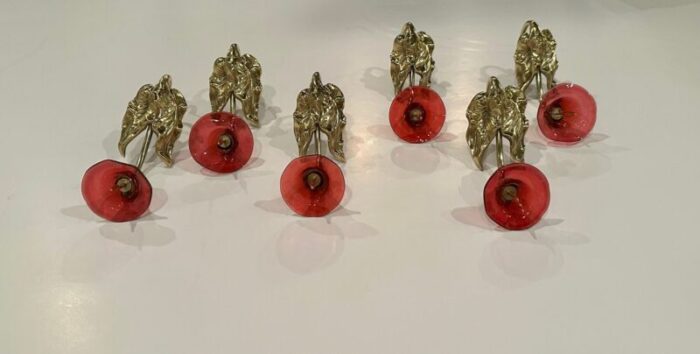 victorian brass tie backs with cranberry glass flowers set of 6 6931