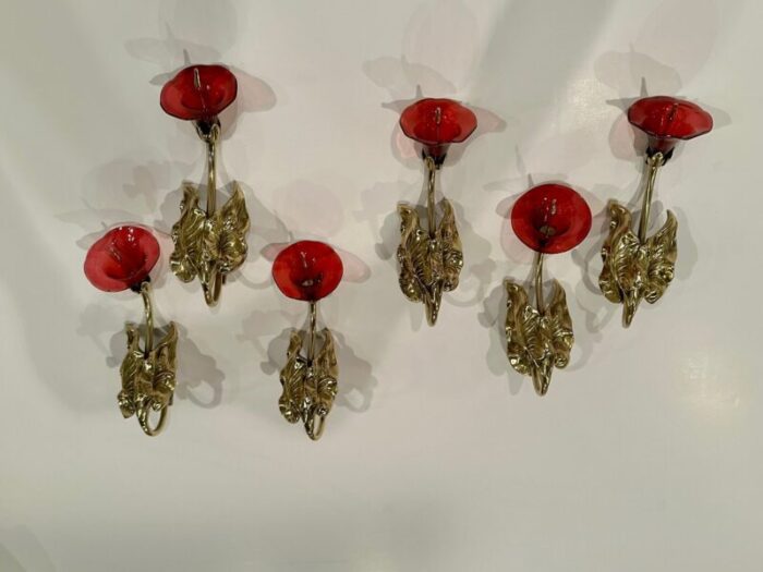 victorian brass tie backs with cranberry glass flowers set of 6 7762