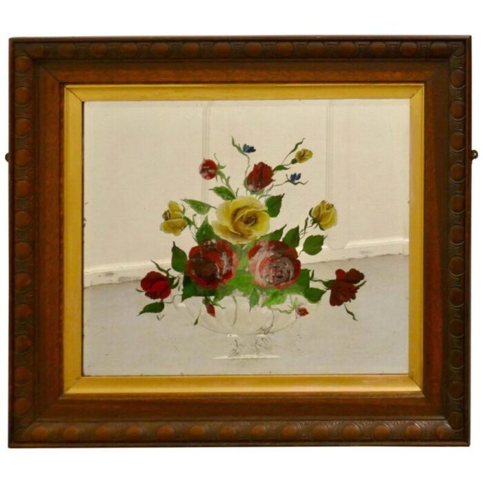 victorian reverse painted mirror with roses 1890s 1