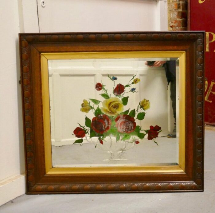 victorian reverse painted mirror with roses 1890s 2