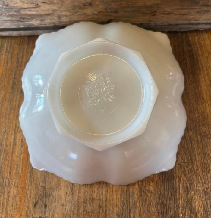 vintage anchor hocking milk glass low pedestal bowl gold trim grape leaf design 3334