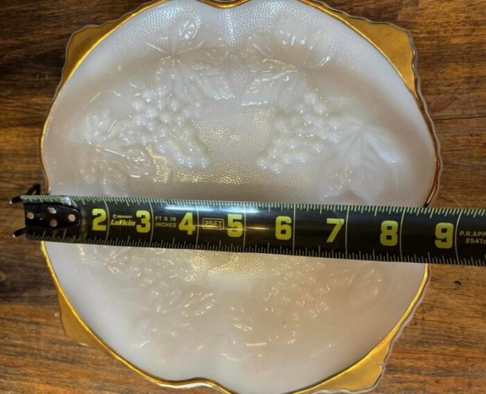 vintage anchor hocking milk glass low pedestal bowl gold trim grape leaf design 3758