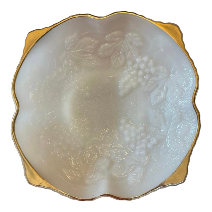 vintage anchor hocking milk glass low pedestal bowl gold trim grape leaf design 6284