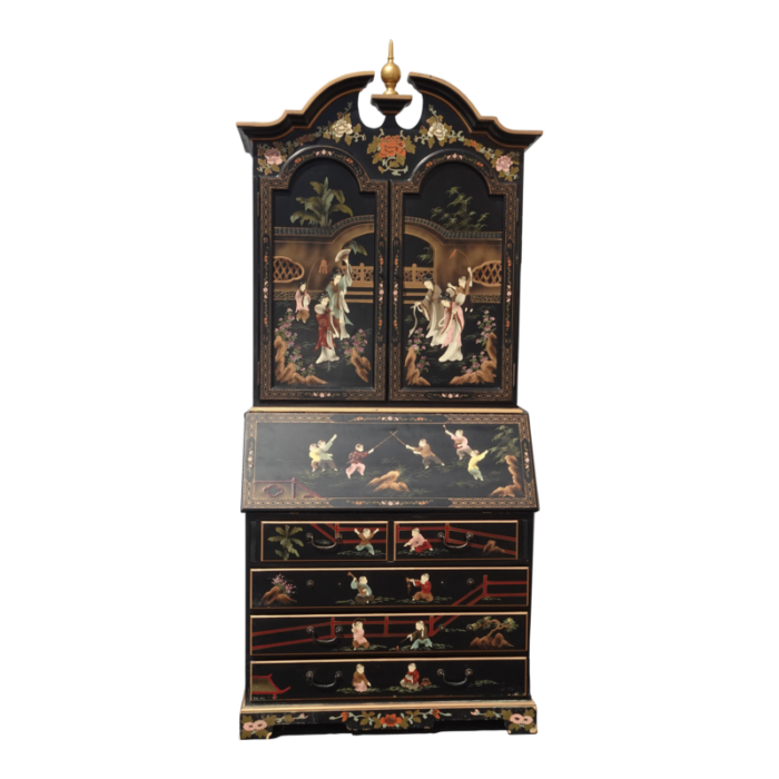 vintage black lacquered asian chinoiserie cabinet secretary desk w bookcase 6500