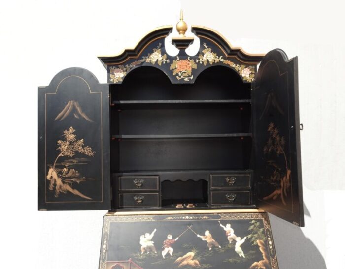 vintage black lacquered asian chinoiserie cabinet secretary desk w bookcase 6503