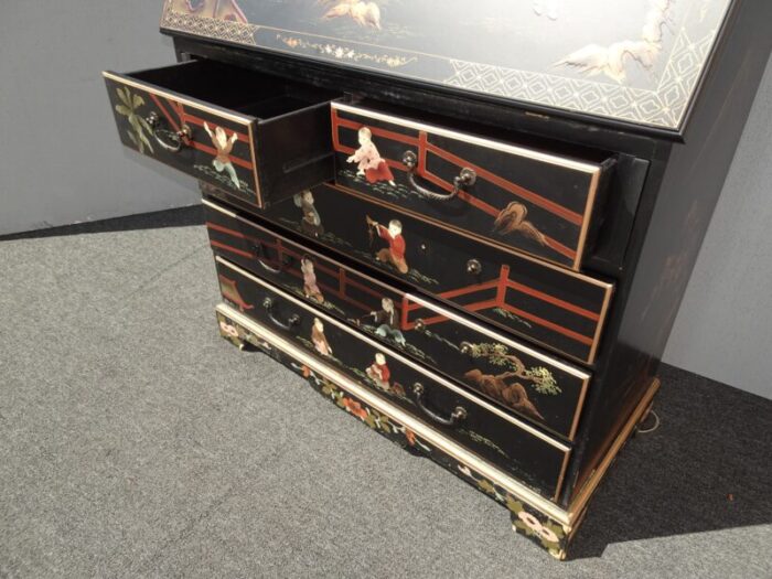 vintage black lacquered asian chinoiserie cabinet secretary desk w bookcase 8464