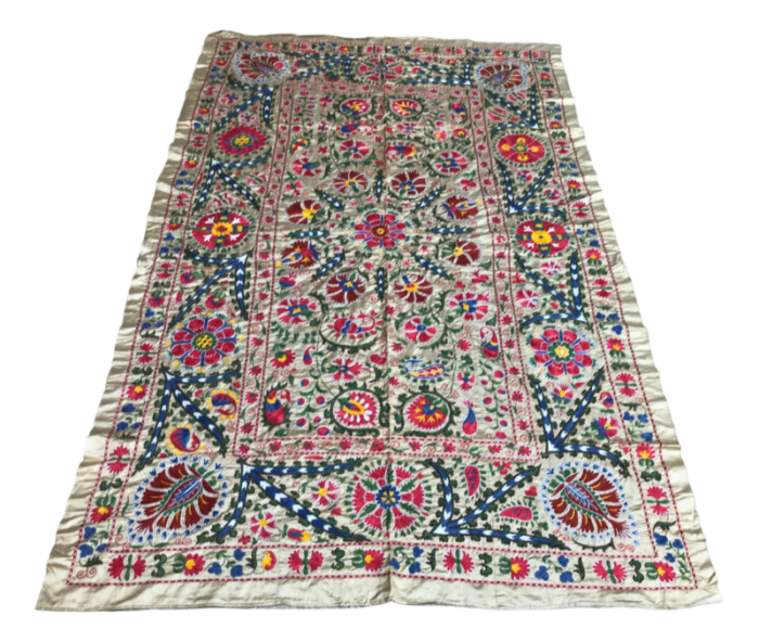 vintage bohemian handmade pure silk suzani table cover 1980s 1187