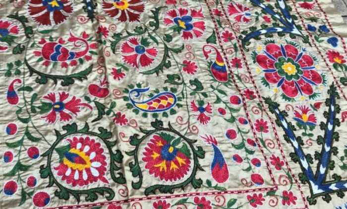 vintage bohemian handmade pure silk suzani table cover 1980s 5412