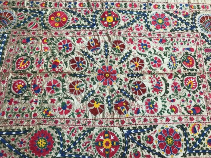 vintage bohemian handmade pure silk suzani table cover 1980s 6242