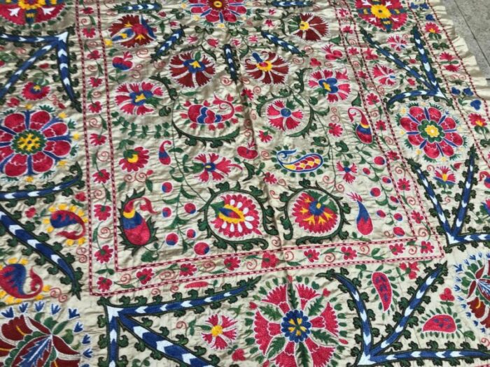 vintage bohemian handmade pure silk suzani table cover 1980s 6739