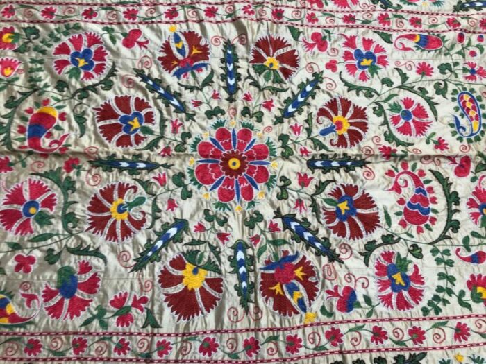 vintage bohemian handmade pure silk suzani table cover 1980s 8866