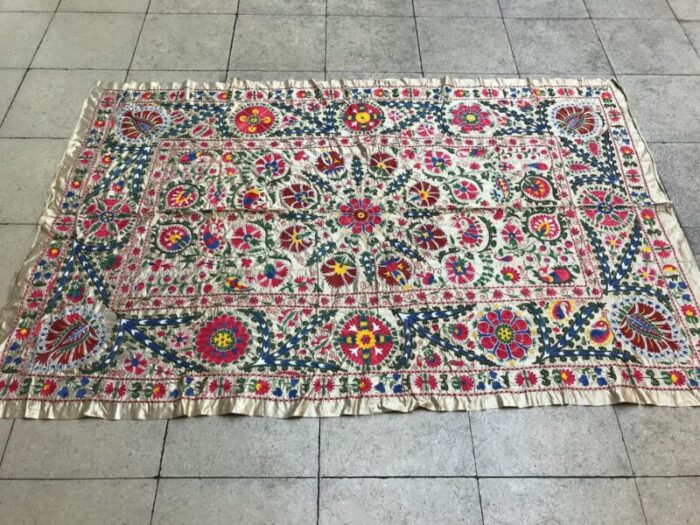 vintage bohemian handmade pure silk suzani table cover 1980s 9419