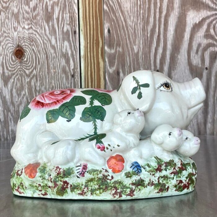 vintage boho hand painted ceramic pig family 4599