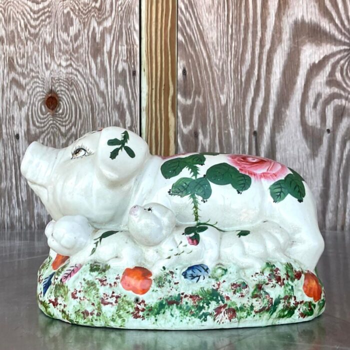 vintage boho hand painted ceramic pig family 6939