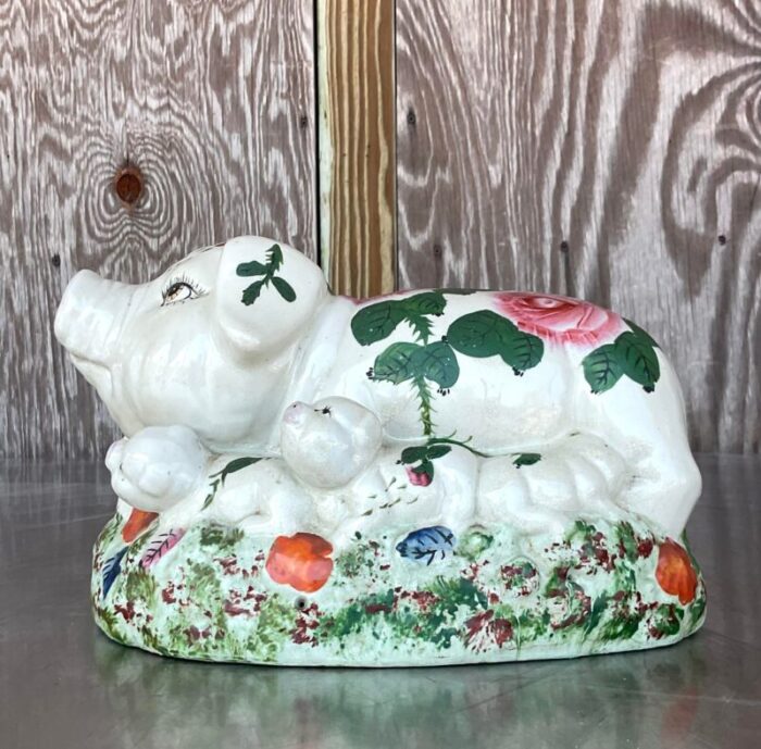 vintage boho hand painted ceramic pig family 6953