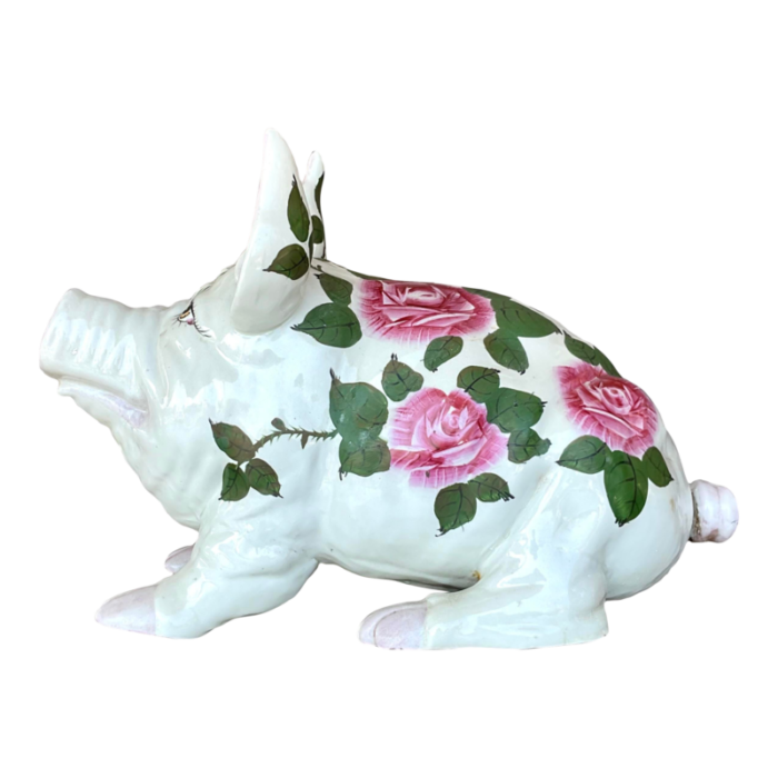 vintage boho hand painted ceramic pig with roses 1501