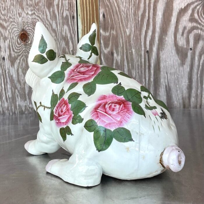 vintage boho hand painted ceramic pig with roses 3979